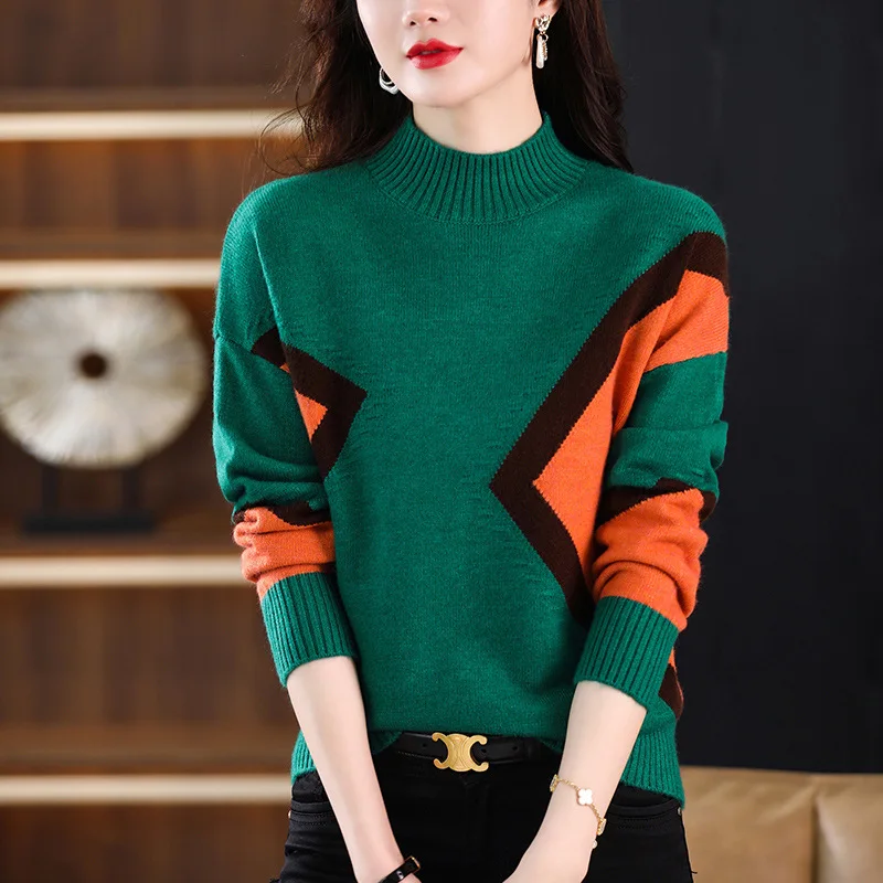 Women's Base Sweater Fashionable and Stylish New Style Color Blocked Knitted Sweater Half High Neck Sweater