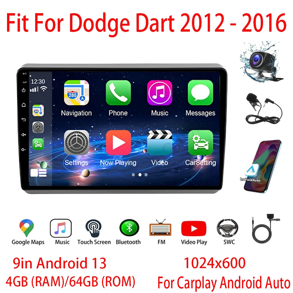 Radio estéreo para coche navegación GPS 4 + 64G para Dodge Dart 2012 - 2016 para Carplay Android Auto Radio FM/RDS SWC + AHD 9 pulgadas Android 13