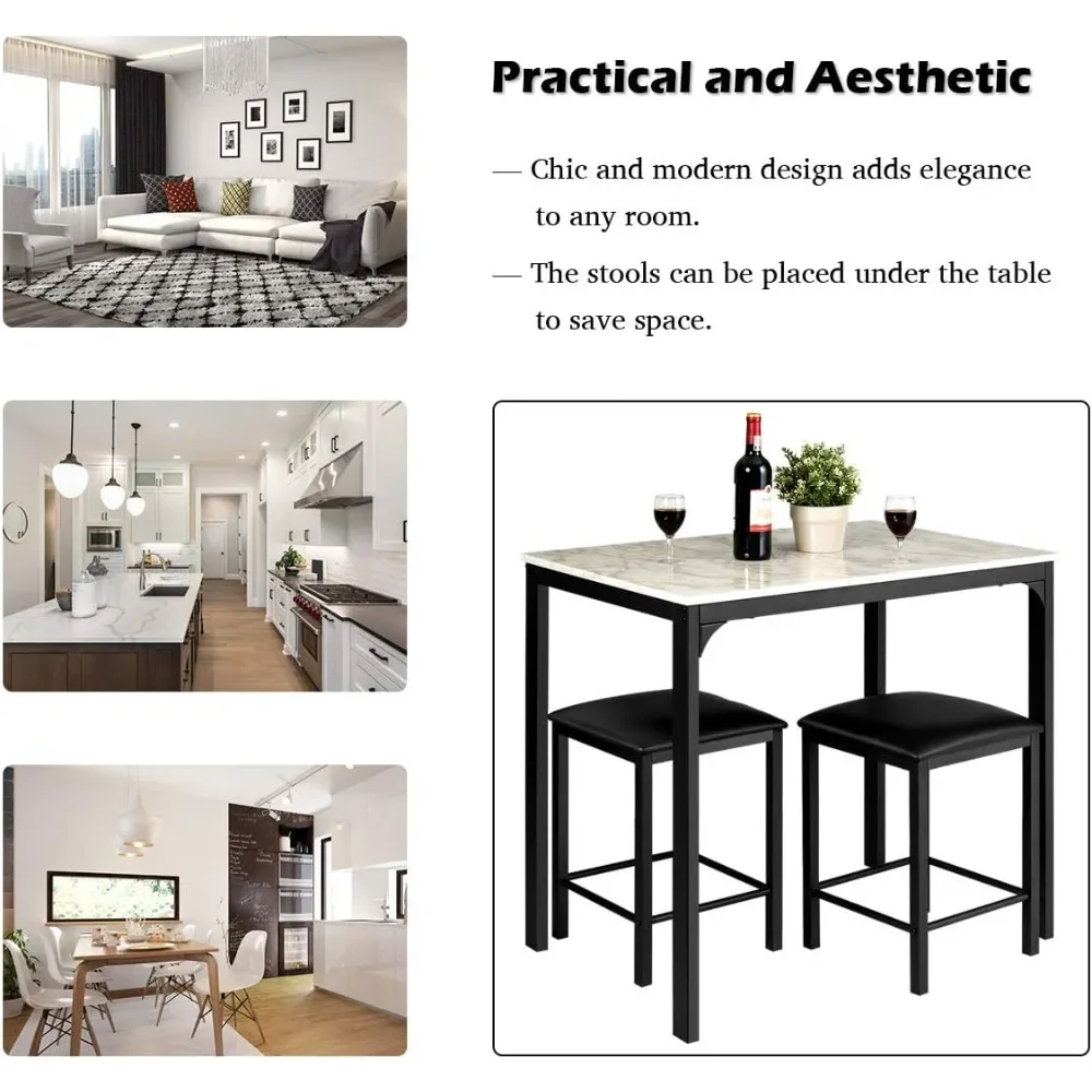 3 Pcs Dining Table and Chairs Set with Faux Marble Tabletop 2 Chairs Contemporary Dining Table Set