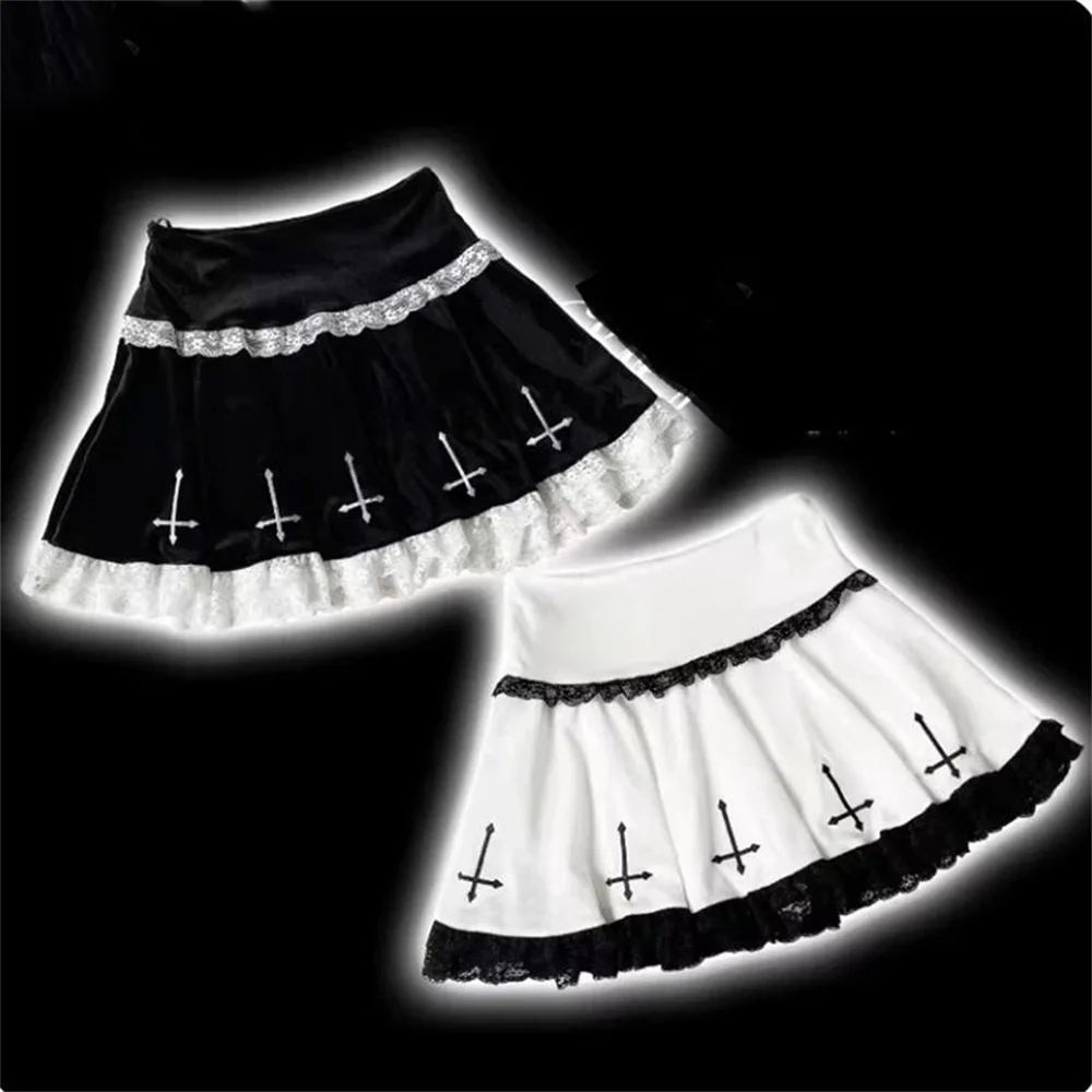 Harajuku Gothic Lolita Style Kpop Mini Skirt Women Black White Lace Skater Cross Embroidery High Waist Punk Pleated Skirt Saias