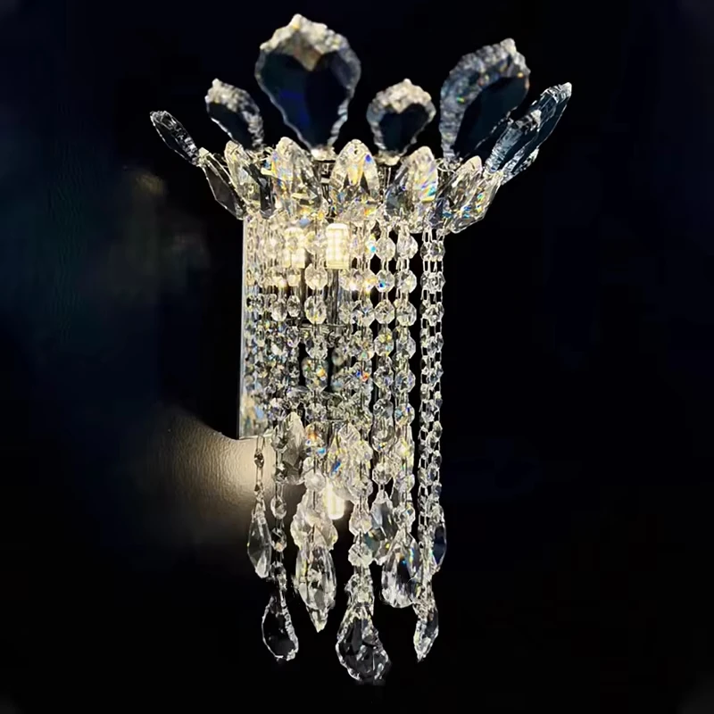 Luxury Modern Chrome Crystal Wall Lamp Flower Crown K9 Clear Crystal Waterfall Wall Sconce Light Fixture For Bedroom Living Room Hallway Staircase Corridor Hotel Indoor Decorative Background Wall Lamp Light