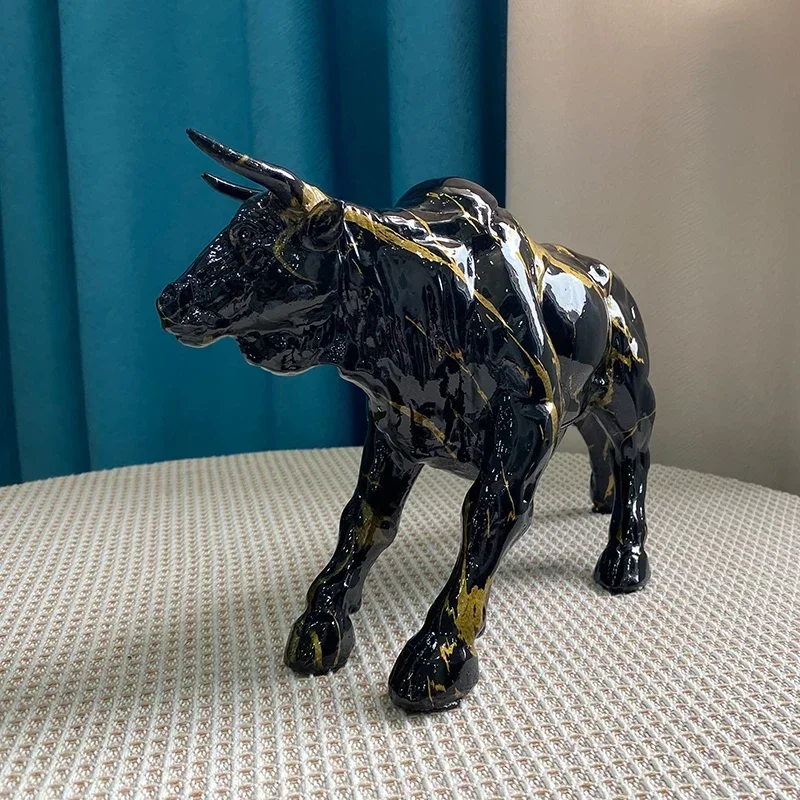 28.5cm Resin Paint Bull Statues Feng Shui Luxury Modern Design Home Decor Art Miniature Sculptures Collection Objects