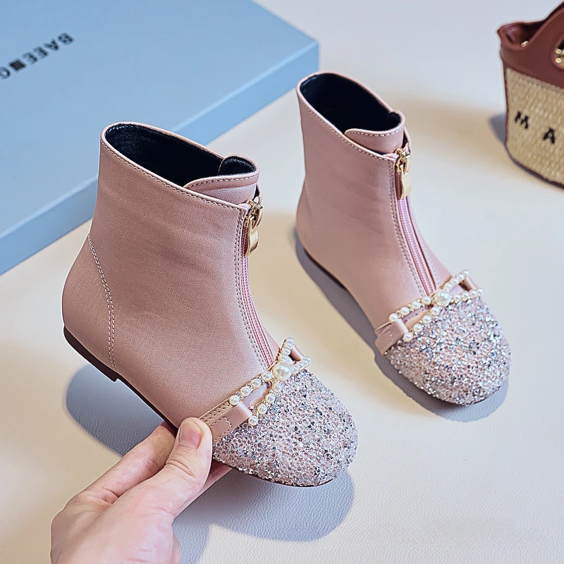 2023 New Children Princess Leather Boots Fashion Rhinestone Pearl Kids Shoes Boots for Girl Autumn Winter Elegant Toddlers Boots