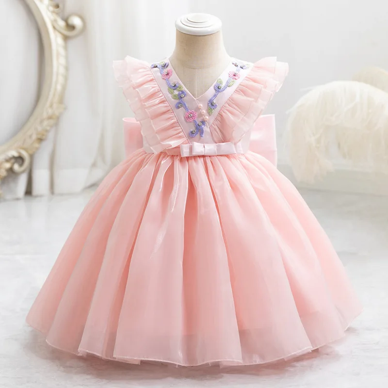 

2024 Baby Girl V-neck Fluffy Dress First Birthday Party Infant Princess Dresses Christening Clothing for Girls Newborn Vestidos