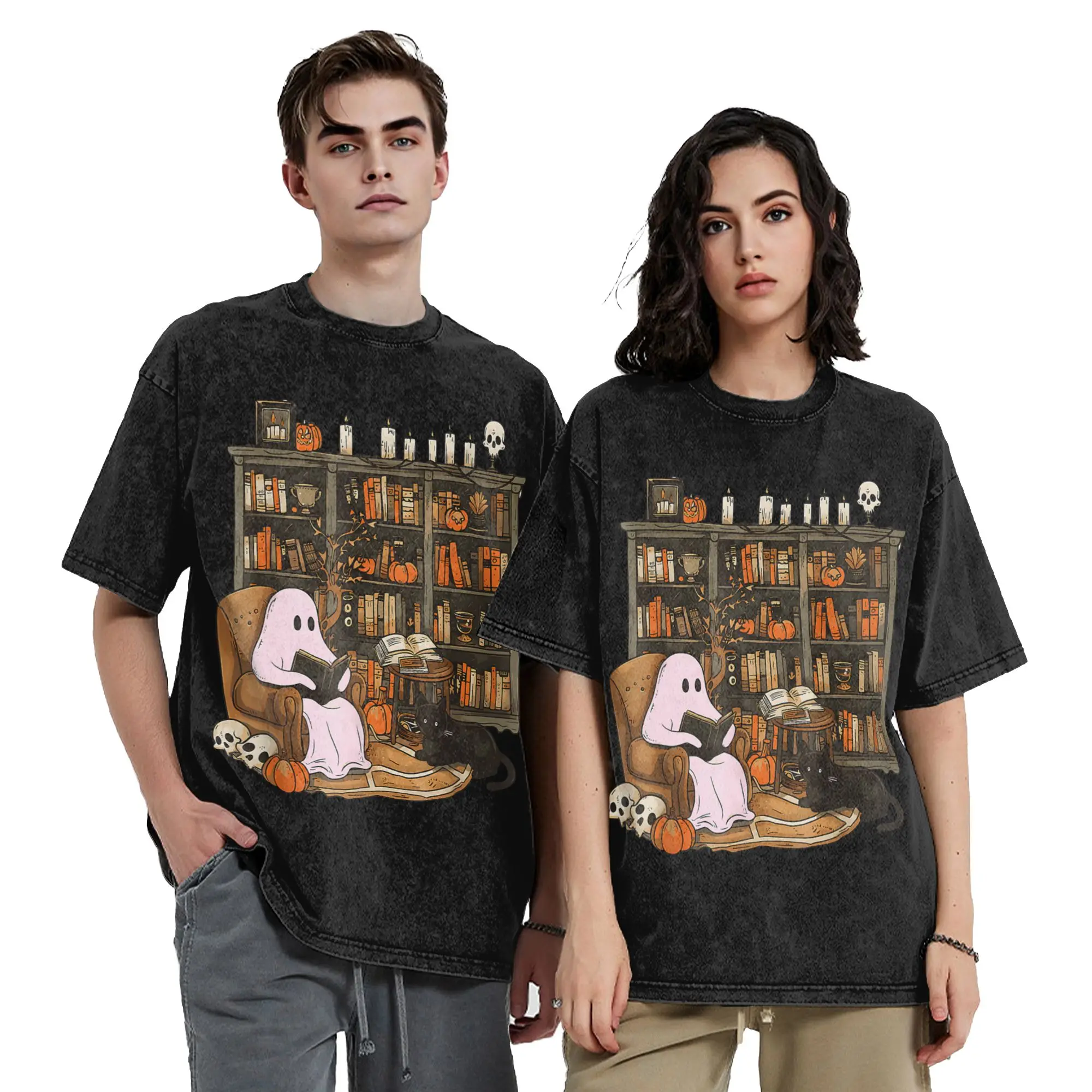 Washed T Shirts Vintage Ghost Book Reading T-Shirts Pumpkin Gothic Halloween Streetwear 100% Cotton Summer Tees for Men Women