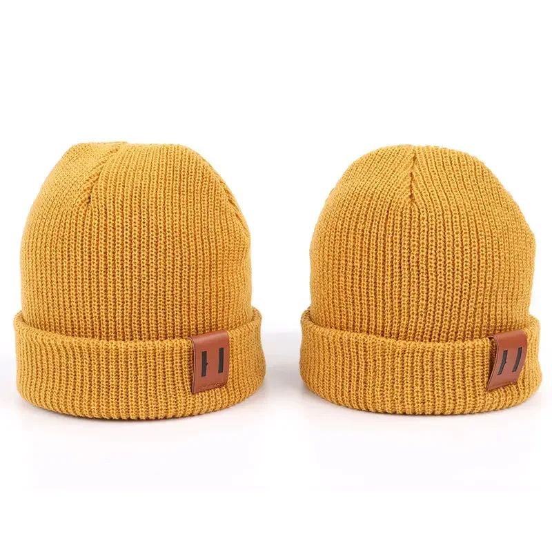 Baby Knit Hat for Boys Girls Autumn Winter Warm Kids Beanie Adult Children Parent-Child Hats Newborn Baby Cap with Leather Label