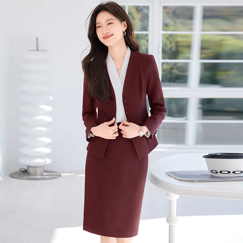 

Burgundy Professional Suit for Women, High-End Spring and Autumn Hotel Front Desk Receptionist Workwear
