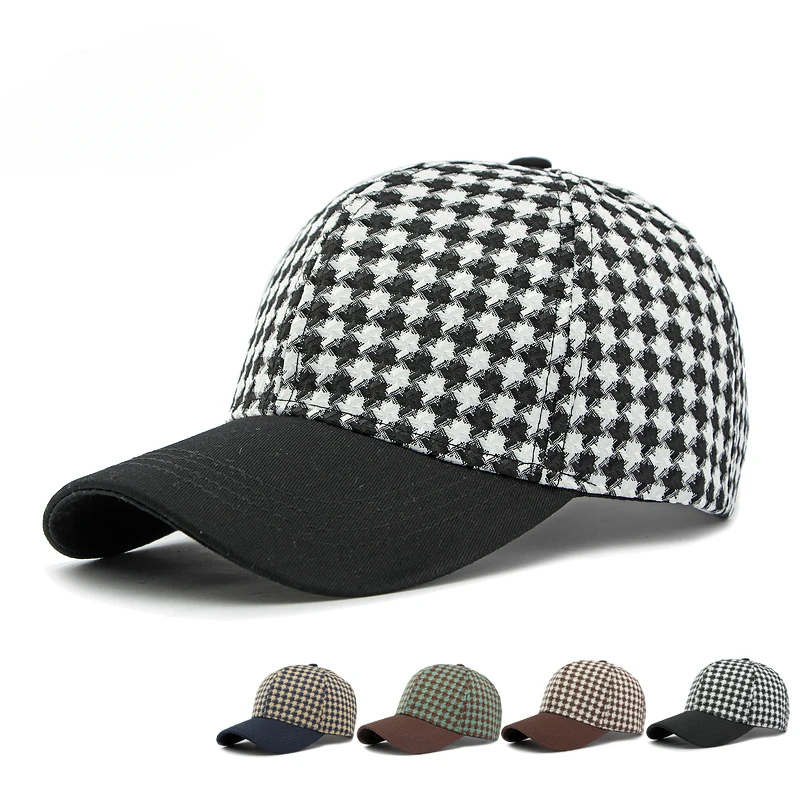 Women\'s Fashion Versatile Houndstooth Hard Top Baseball Cap Splicing Retro Sunshade Cap ffor Men