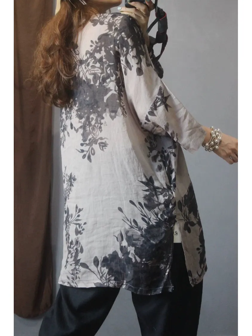 Artistic Water-Mark Print Loose-Fit Midi Open-irt Top Sun-Protective -Silk Blend V-Ne Button-Up Women's irt