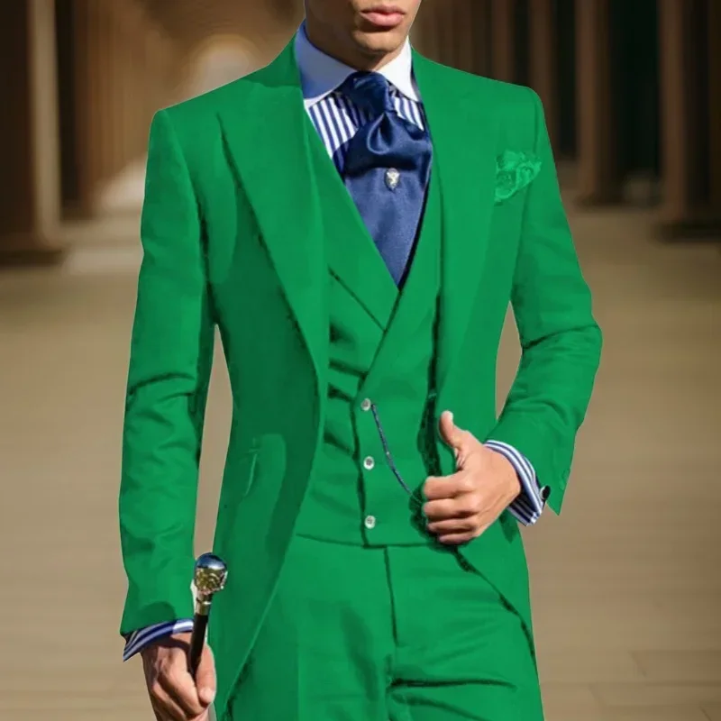 

Business Green Suits For Men Slim Fit Formal Groom Tuxedo Wedding Long Jacket With Double Breasted Vest 3 Pcs 2025