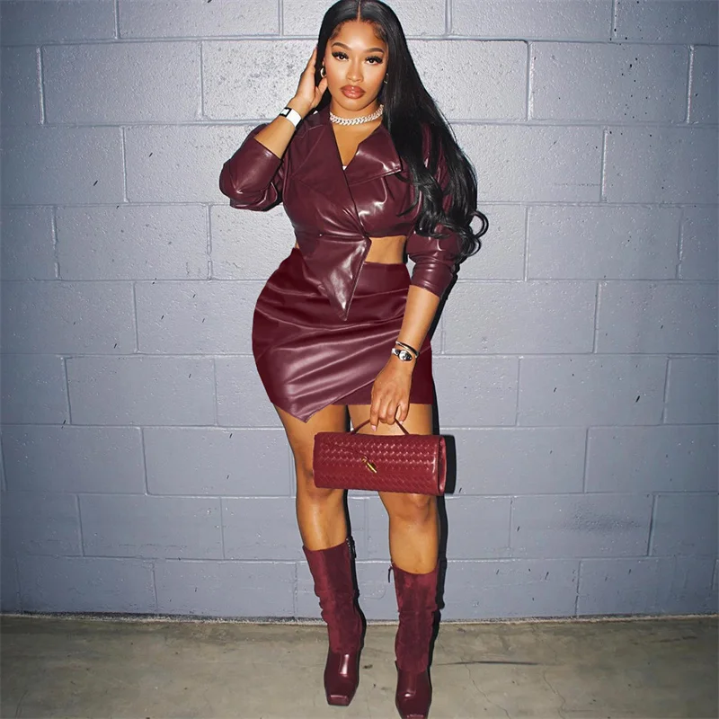 Doyerl PU Faux Leather Dress Sets Woman 2 Piece Outfit Club Wear Party Single Button Cropped Jacket and Mini Skirt Matching Sets