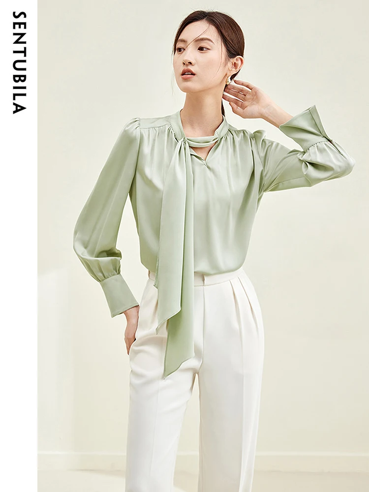 SENTUBILA Elegant Chiffon Blouse for Women 2024 Autumn Bow V Neck Long Sleeve Top Woman Office Lady Shirts & Blouses M33V50342