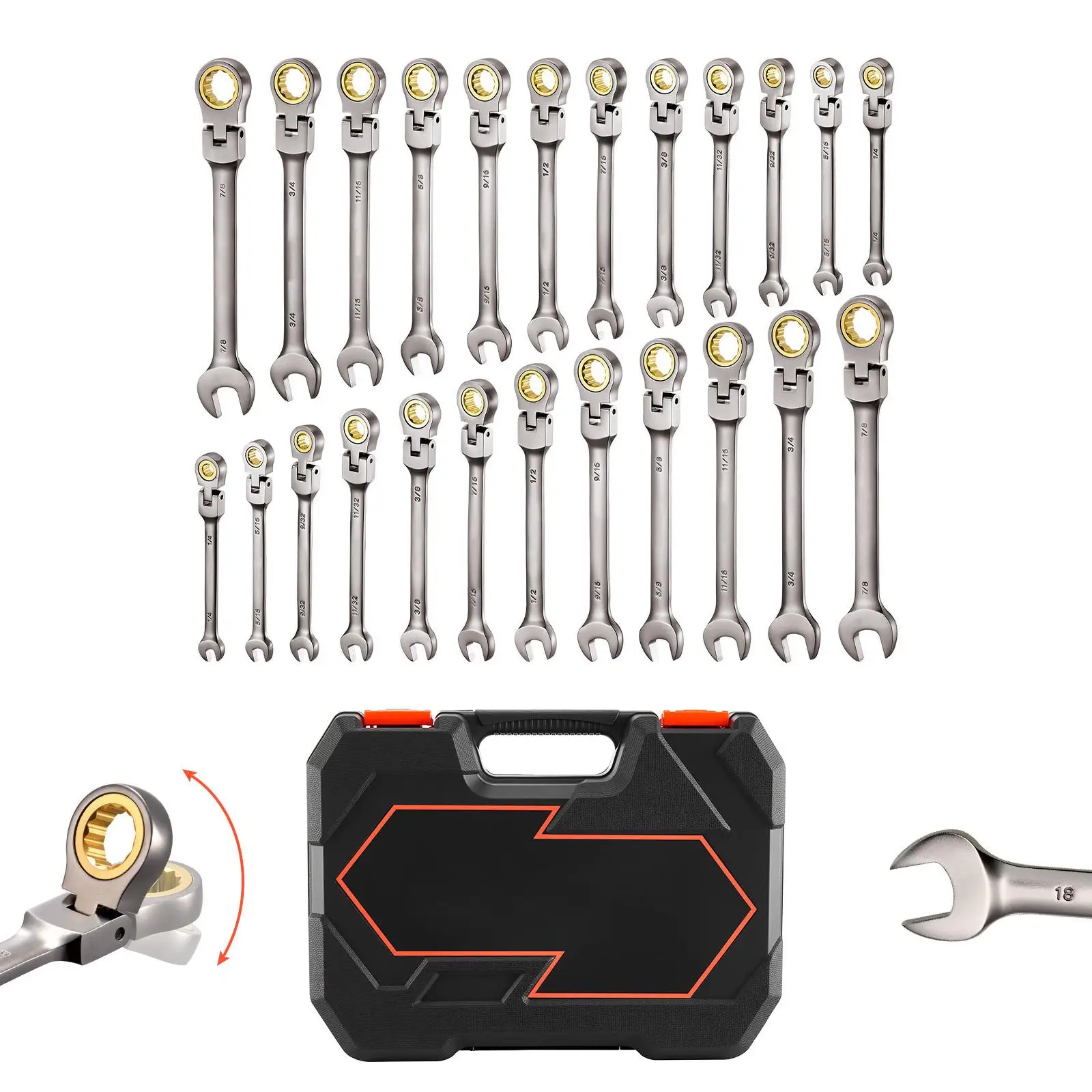 24 Piece Flex Head Ratcheting Wrench Set SAE and Metric 72 Teeth Cr V Steel Flexible Combination Wrenches with Storage Case for Household and Automotive Repair