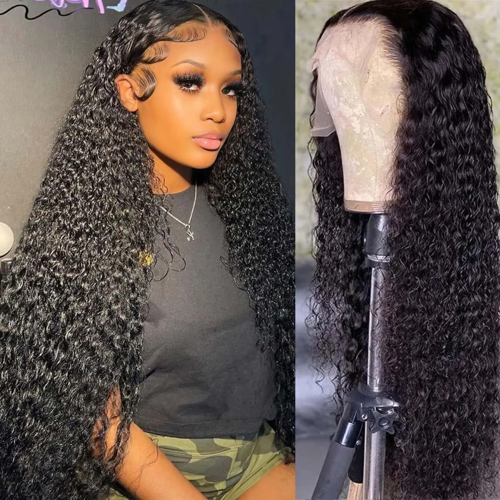 

Water Wave 1B Lace Front Wigs Human Hair 13x4 Transparent For Women Natural Color 220 Density Pre Plcked Frontal Wigs Curly Wig