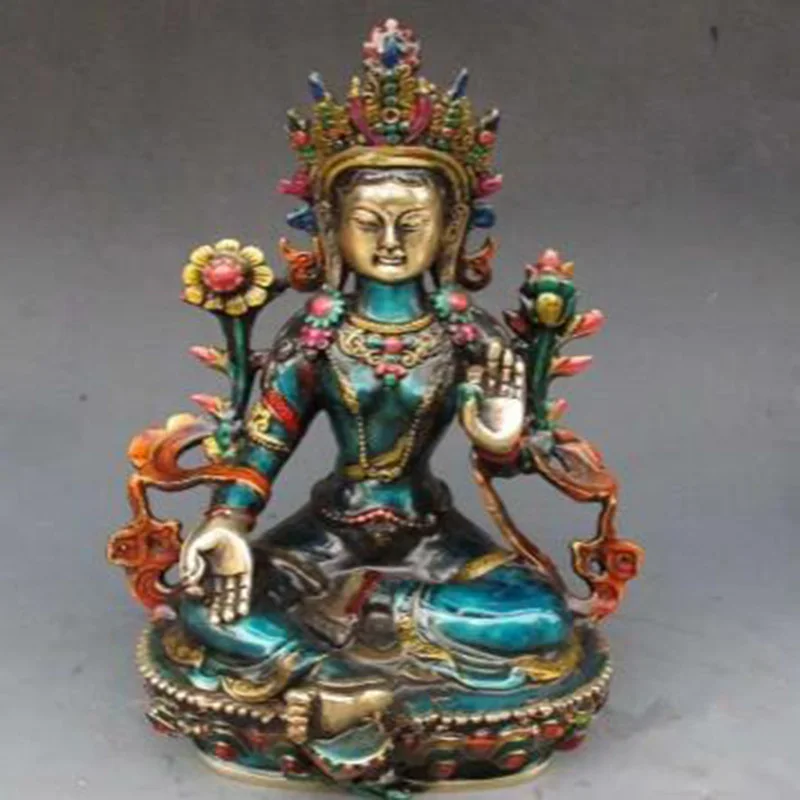 

decoration brass factory Pure Brass Antique 8.66 inch Exquisite Chinese hand-carved cloisonne buddhist Buddha green tara statue