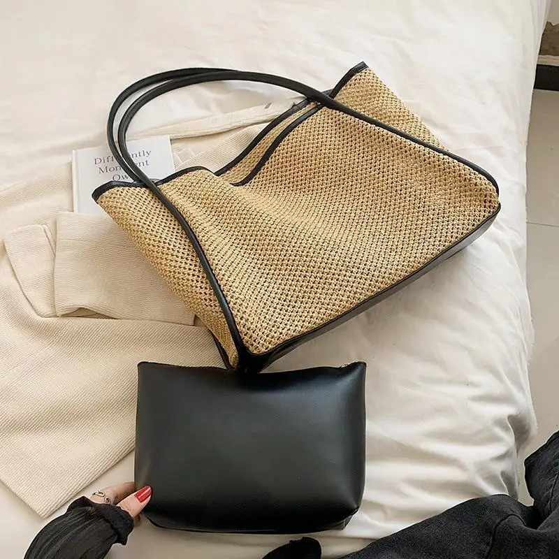 

Large-capacity Tote Bag For Women Trendy Retro Hand-held Straw Woven Bag Versatile Shoulder Woven Bag Women's Shopping Bag