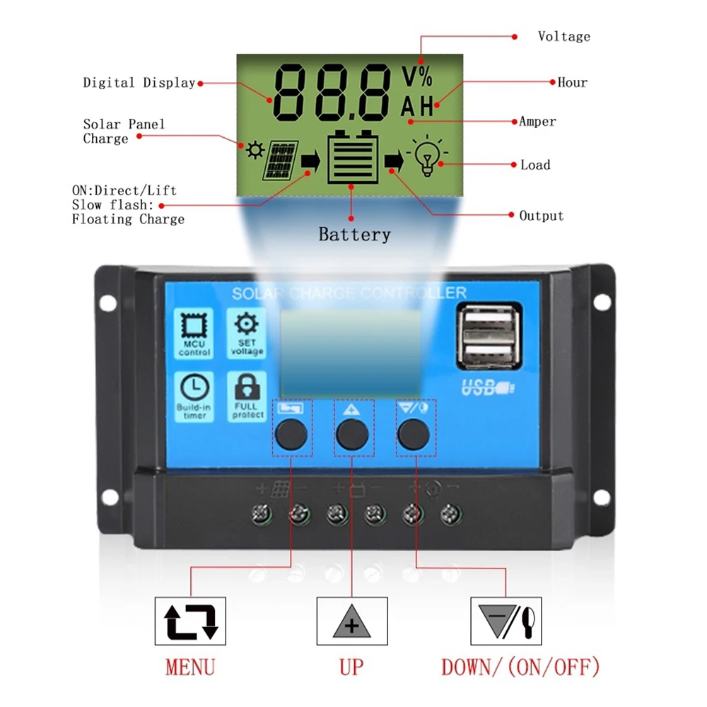 Solar Panel Controller 30A 12V 24V Automatic Solar Battery Charge Dual USB Regulator PWM Controller LCD Dual for PV Home