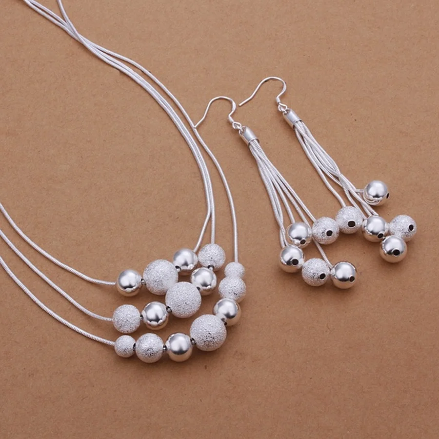 

Fine cute 925 Sterling silver European style chain beads necklace earrings fashion women jewelry Set Christmas gifts