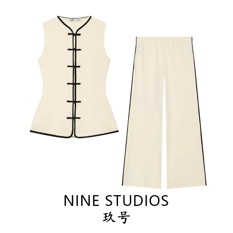 NINE ZAR Women's Wide Leg Pants Set Sleeveless Rope Knot Decoration Fashionable Two-Piece Suit for All Seasons