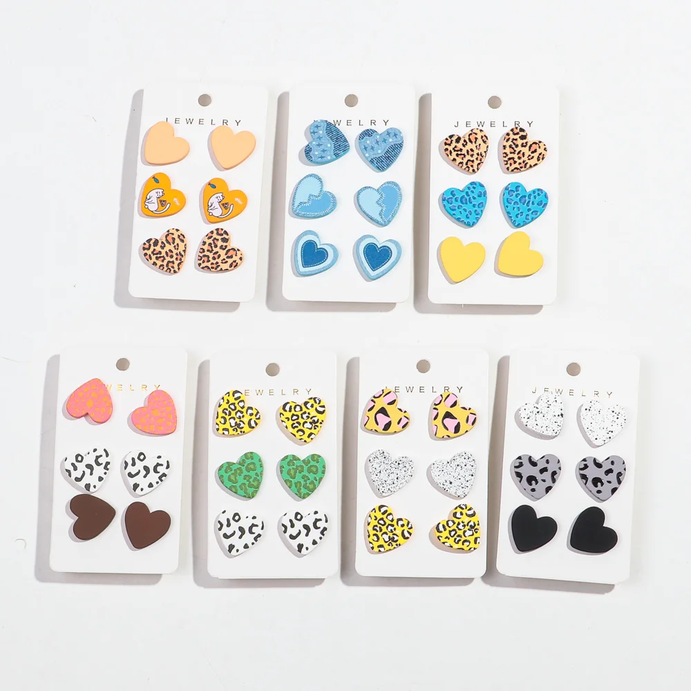 3Pairs/set Colorful Acrylic Love Heart Round Earrings for Women Girls Simple Leopard Dots Earrings Trend Jewelry