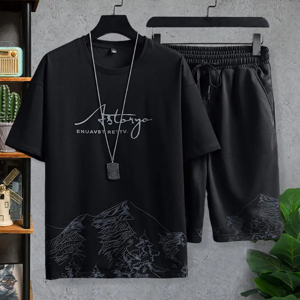 2Pcs/Set Trendy Casual Outfit Skin-touching O-Neck Mountain Print Loose T-shirt Loose Shorts Sport Suit Moisture Wicking