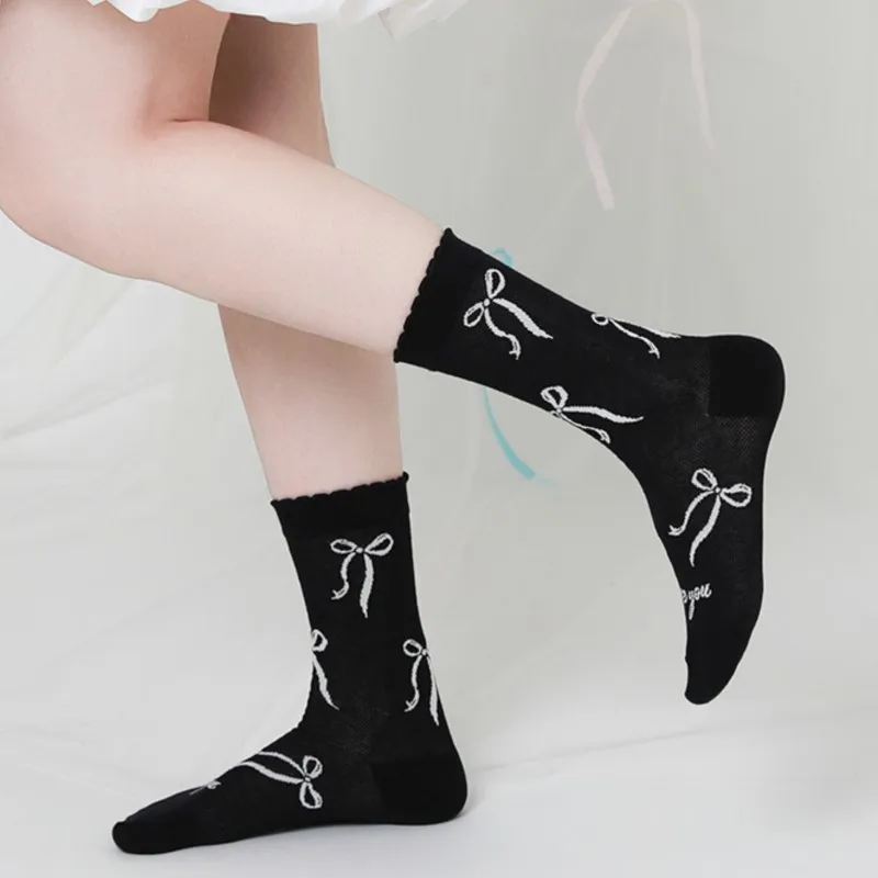 Women's Socks Spring Summer Breathable Mid-tube Stocking Thin Cotton Sock Bow Sock Ballet Style Breathable Solid Color Wholesale