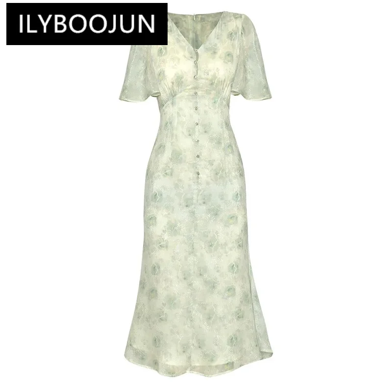 

ILYBOOJUN Summer Fashion Runway Dress Women Elegant Floral Print Sequins Heavy Diamond Button Temperament Fishtail Skirt Dresses