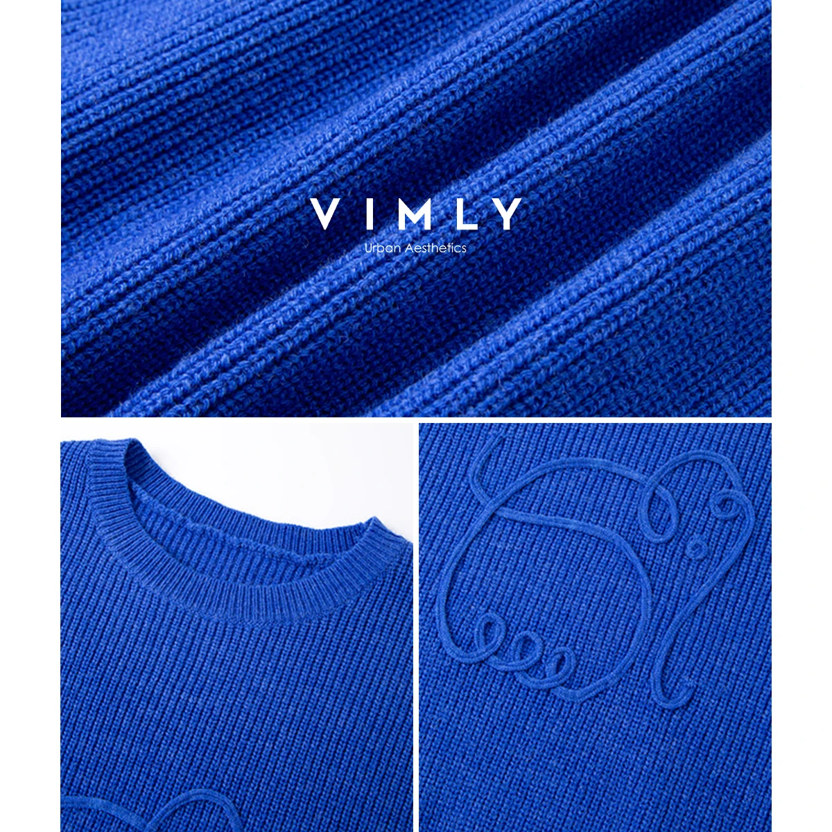 VIMLY Damski Niebieski Sweter Dzianinowy Elegancki Słoń 3D Okrągły Dekolt Pulowery Jesień 2025 Codzienne Swetry z Długim Rękawem Damskie Bluzy 75128