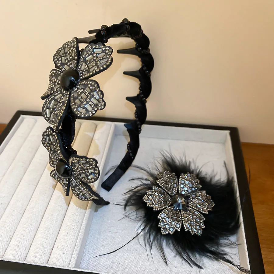 2Pcs Set Funkelnden Diamant Blume Feder Haar Zubehör Set Haar Hoop + Grip Clip frauen Bankett Stil pan Haar Zubehör – Detail 7