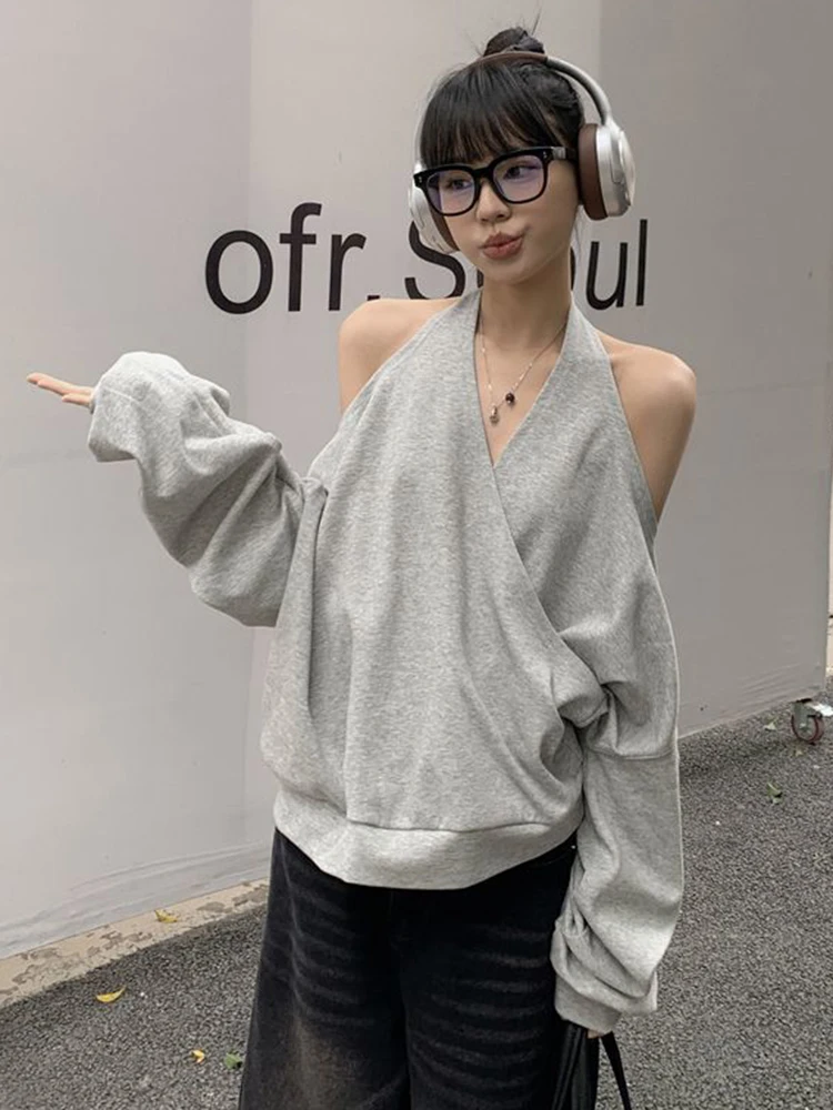 

Zoki Sexy Halter Sweatshirt Women Streetwear Off Shoulder V Neck Pullovers Vintage Loose Backless Design Female Korean Tops New
