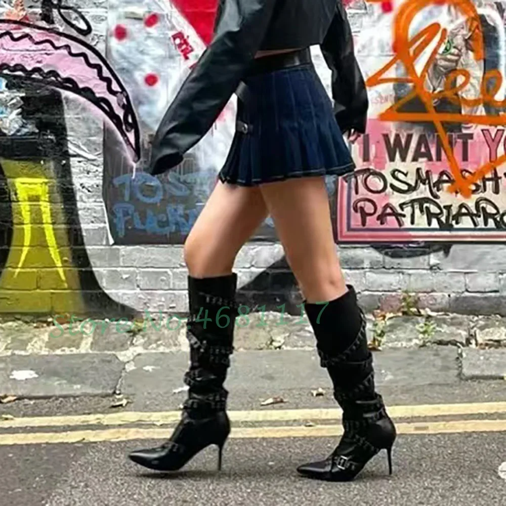 Cross Belt Buckle High Heels Boots Women Pointy Toe Sexy Rivets Knee High Boots Casual Outfit Street Style Cool Girl\'s Shoes