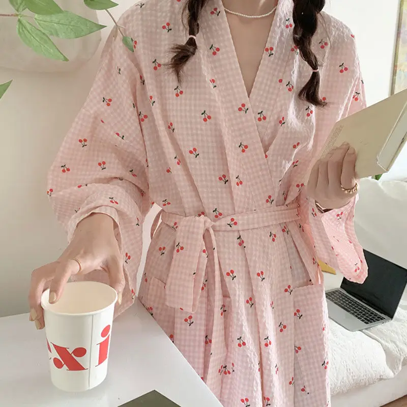 Plaid Robes Women Cherry Home Wear Daily Simple Sweet Temperament Loose Ins Fashion Spring Ulzzang Bandage Korean Style Comfort