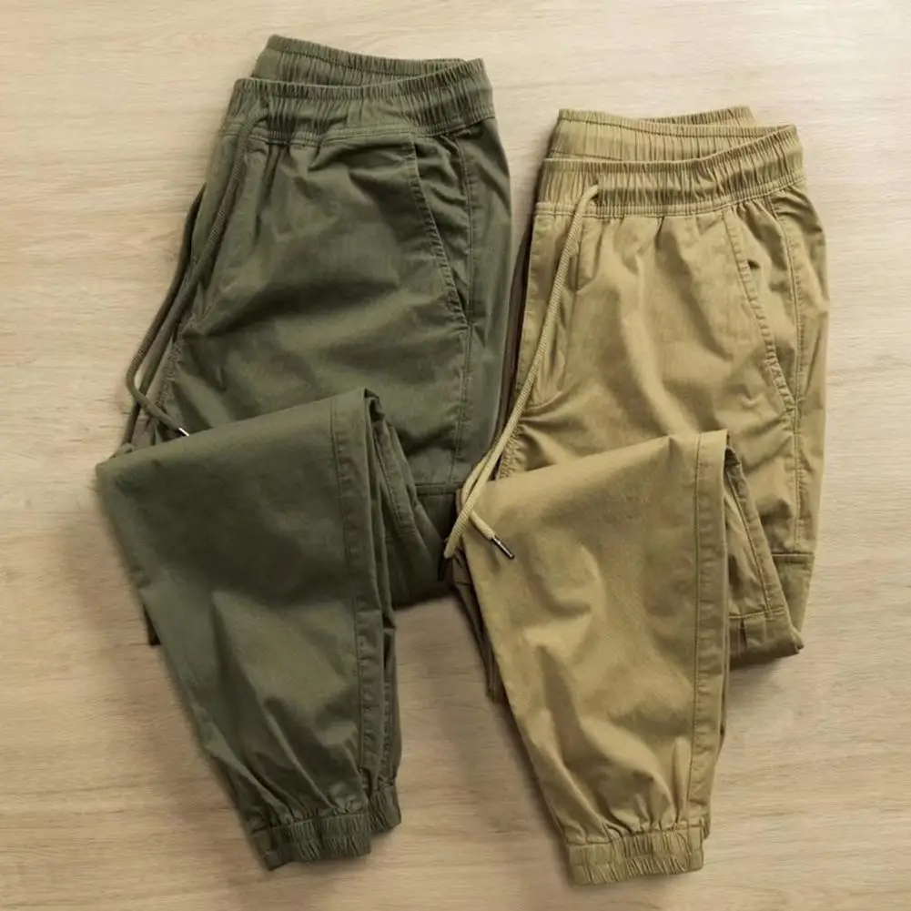 

Men Cargo Pants Solid Color Breathable Drawstring Elastic Waist Ankle-banded Men Trousers Cargo Pants