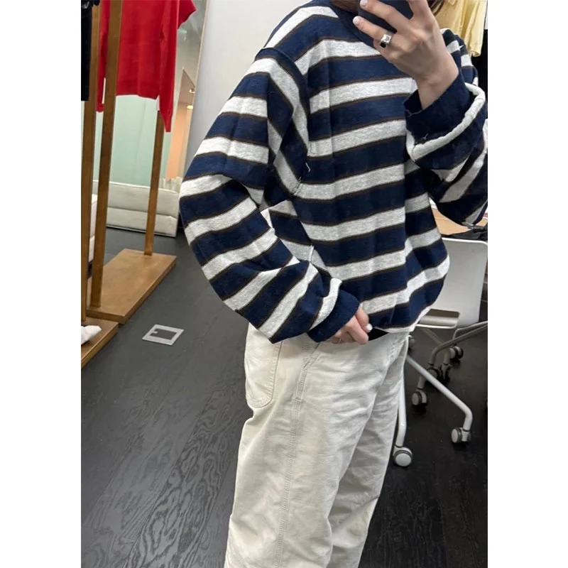 

Retro Versatile Dongda Gate 25 Autumn round Ne Color Blo Striped Loose Long Sve Knitted Sweater Women Casual Sle Loo...