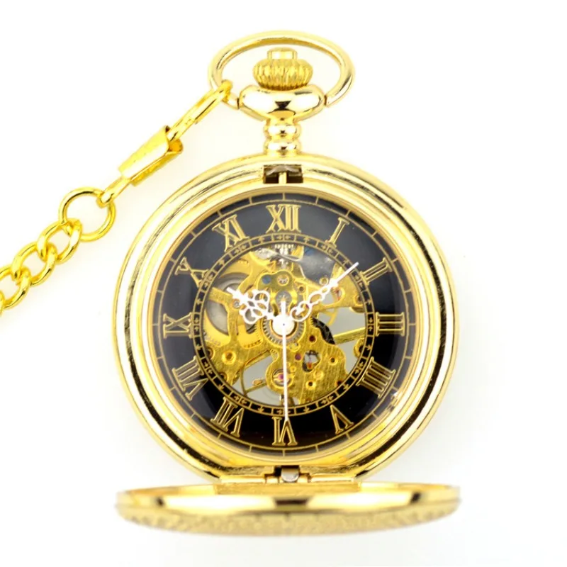 Golden Tone Steampunk Antique Style Case Men's Hand Winding Mechanical Movement Pocket Watch with Fob Chain Nice Xmas Gift