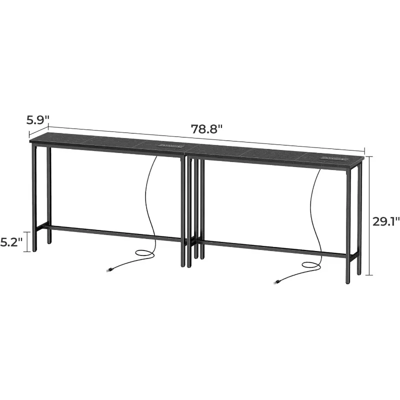 Narrow Console Table with Outlet, Sofa Table Set of 2, Total Length, Behind Couch Table, Long Entryway Tables with Charging