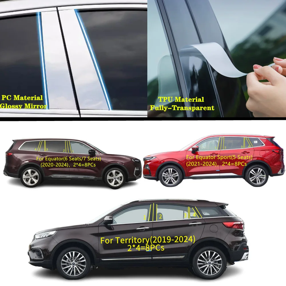 For Ford Territory(2019 2020-2024)/Equator(2020-2024) CarTPU/Glossy Mirror Pillar Post Cover Door Trim Window Molding Sticker