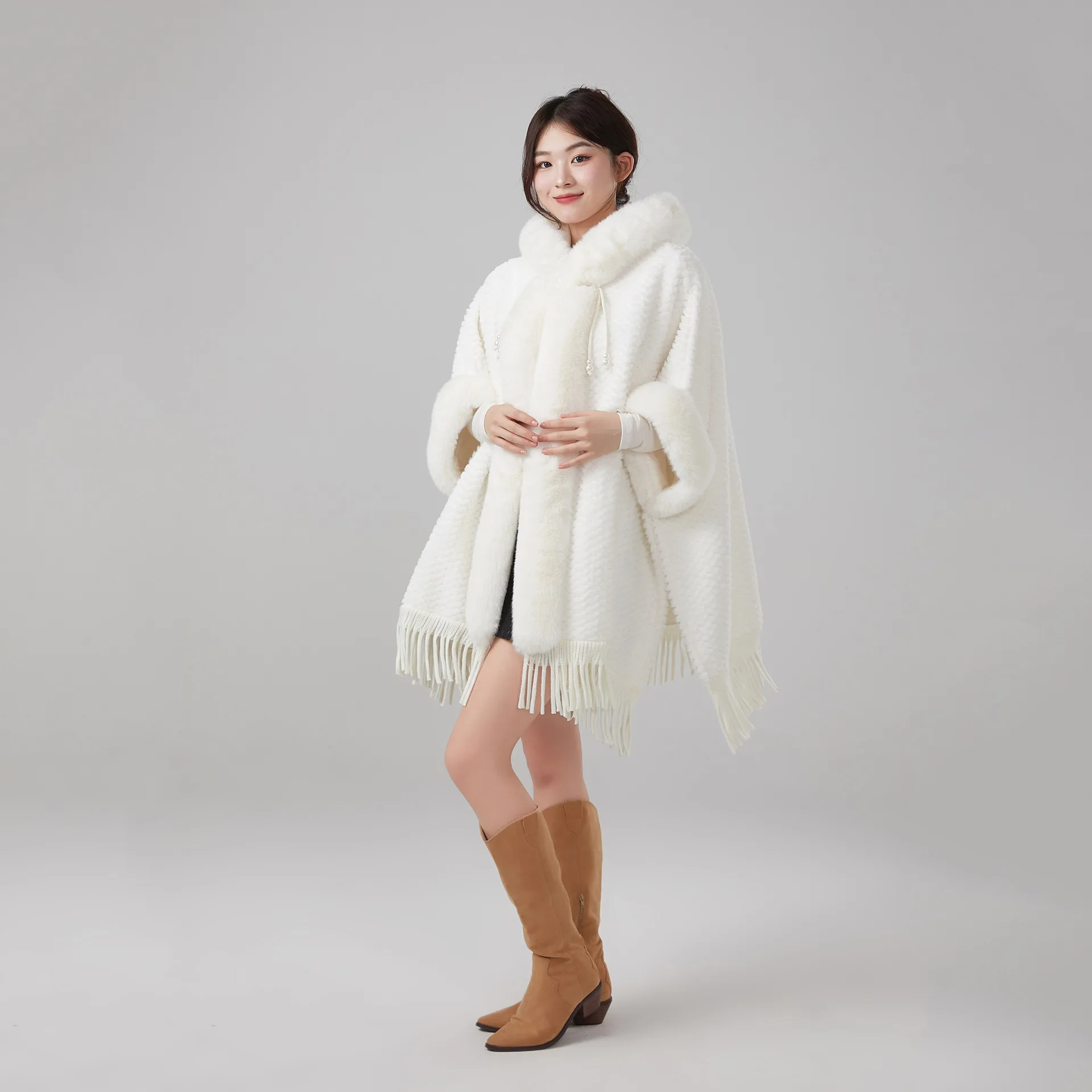 المعطف الخريف/الشتاء وصول جديد المرأة المتضخم فو الفراء مقنعين معطف ملفوف مريح مع هامش ومواد الصوف السميك P1 #4