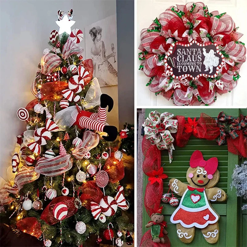 Cinta de malla metálica roja y blanca de Navidad, adorno de decoración de bastón de caramelo para árbol de Navidad, lazo de corona artesanal, regalo