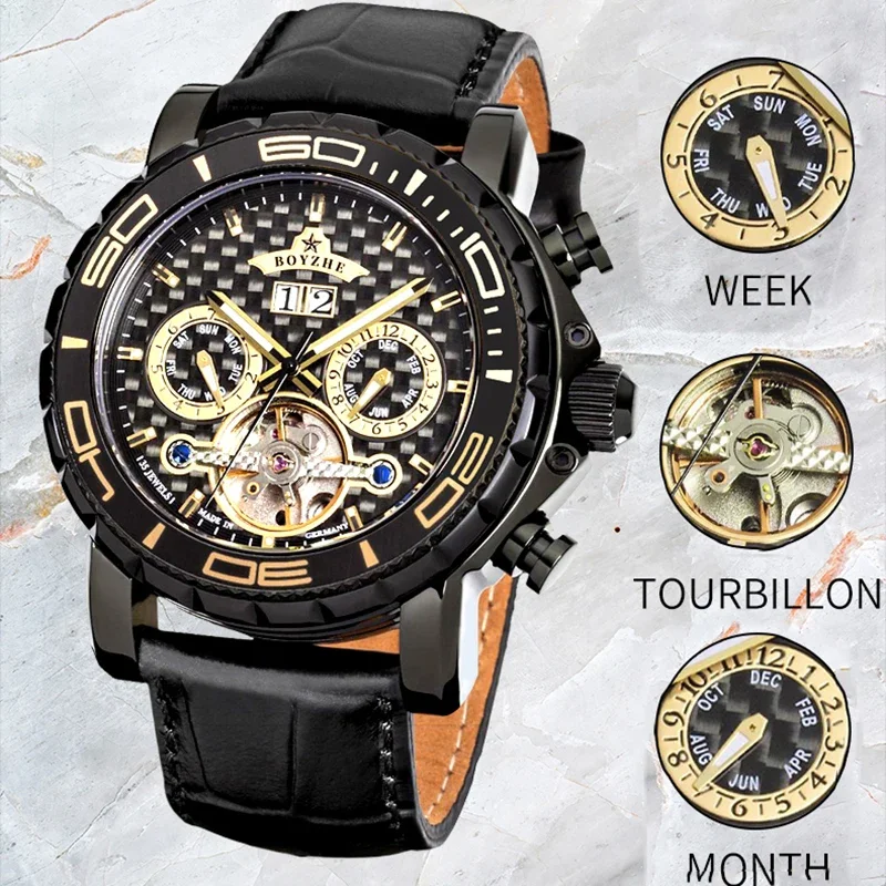 Boyzhe Newest 2024 Men\'s Watch Mechanical Wristwatches Man Luxury Automatic Male Skeleton Week Date Waterproof Watch for Men