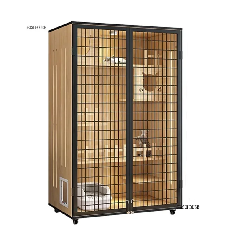 Luxury Solid Wood Villa Cat House with Climbing Frame Outdoor Integrated Cat Cage Iron Mesh Door Panoramic Cat Hiding House