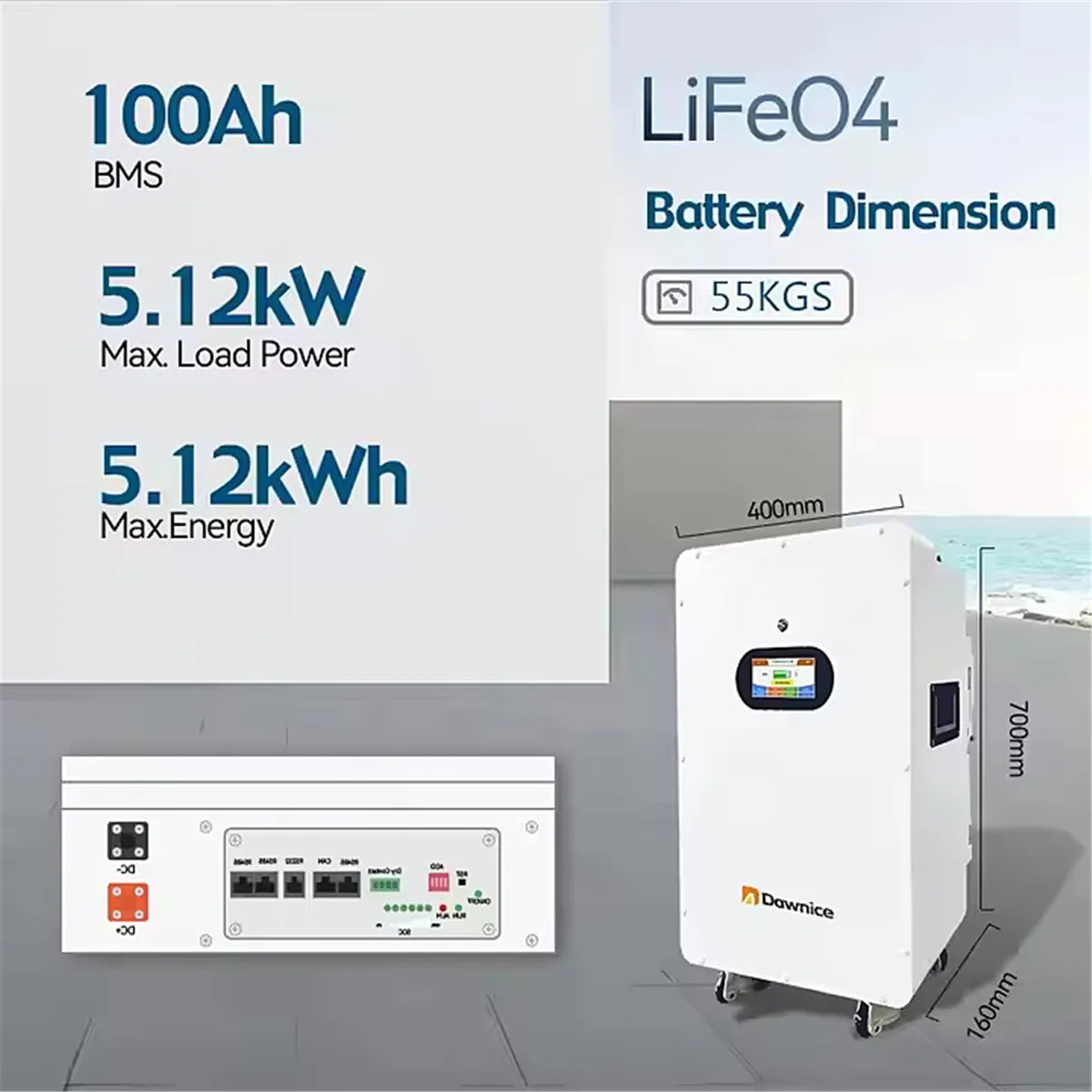 Lithium Battery 51.2V 100Ah LiFePO4 5kwh Solar LiFePO4 Battery Built-in 150A BMS LED Touch Screen 8000+ Deep Cycles