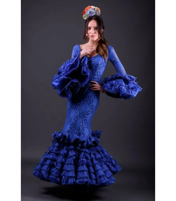 Vestido de fiesta de sirena azul real con volantes, manga larga, encaje Floral, Vestido de novia, Alhambra, Azulina, Vestido de noche, Flamenca