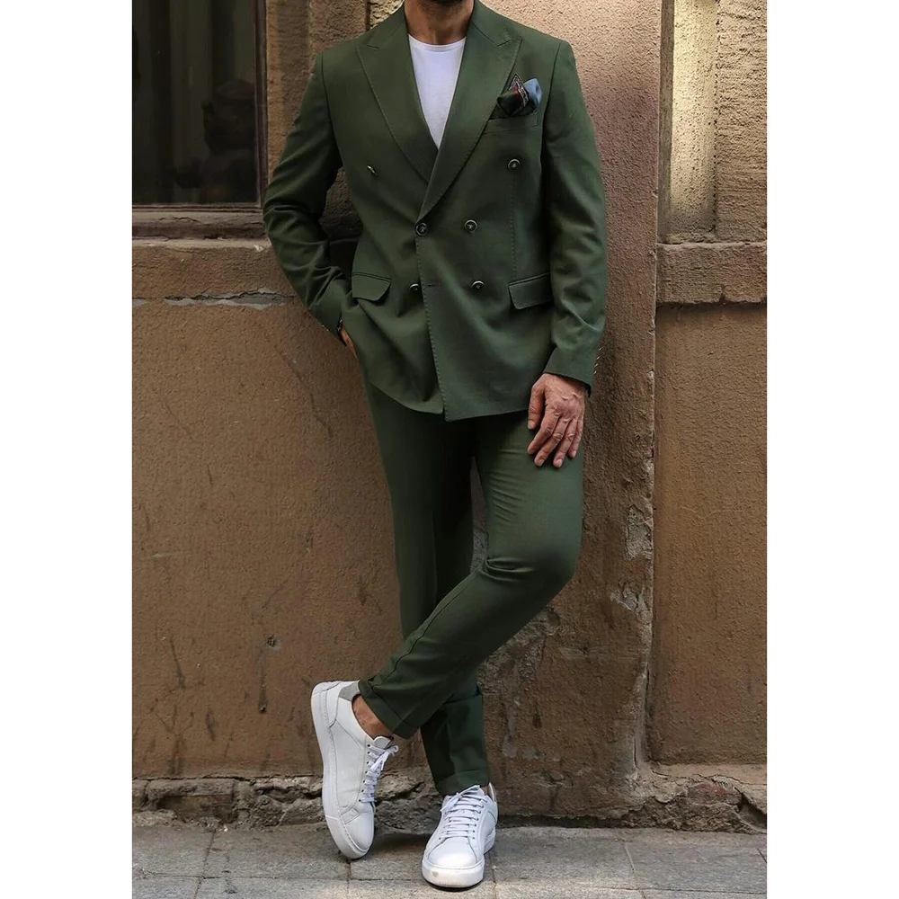 

Customized Green Double Breasted Straight Men Suit Two Pieces (Jacket+Pants) Outfits Casual Banquest Formal Wedding Party Suits