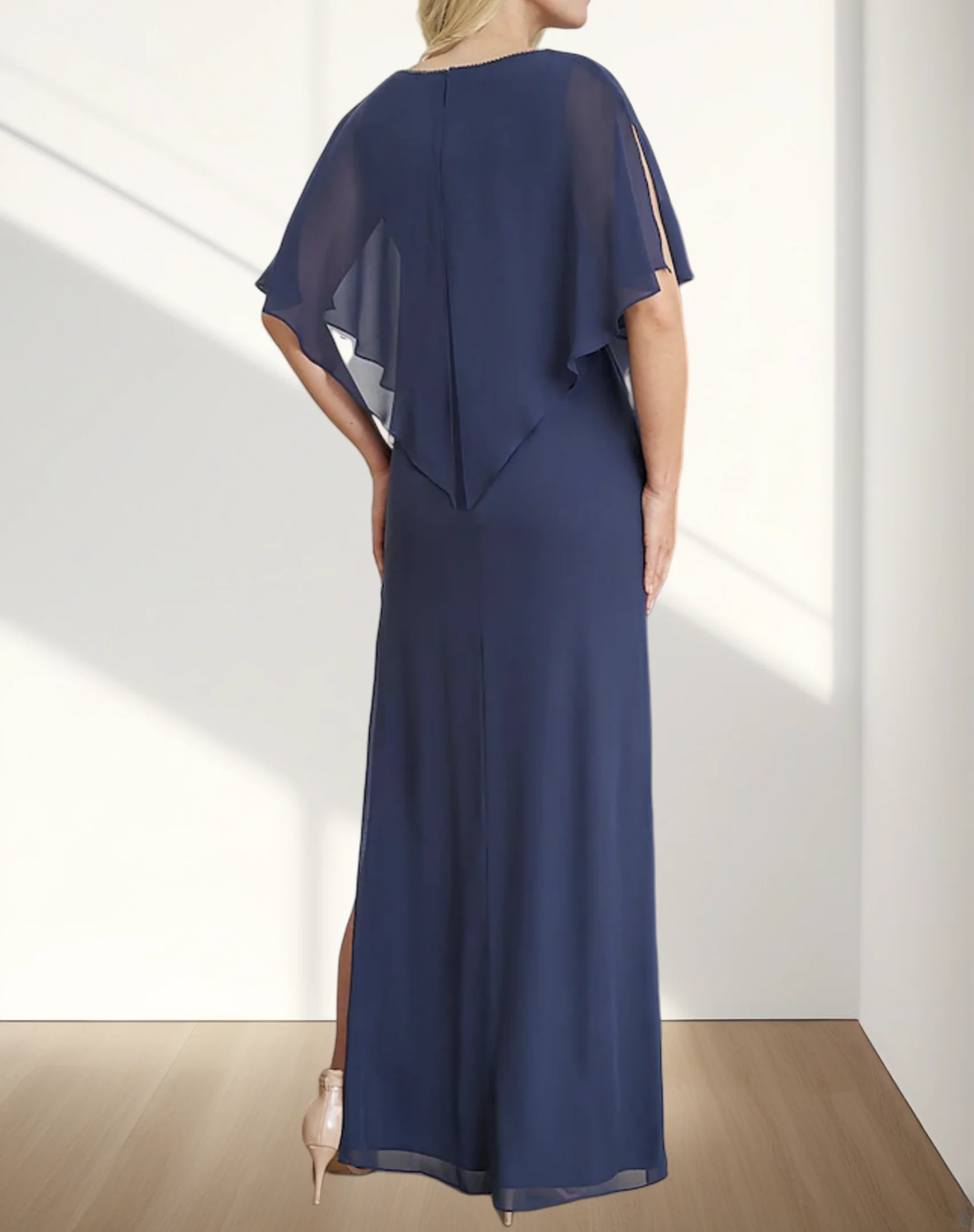 Mother of the Bride Dress Formal Wedding Guest Elegant V Neck Floor Length Chiffon Half Sleeve with Beading 2024