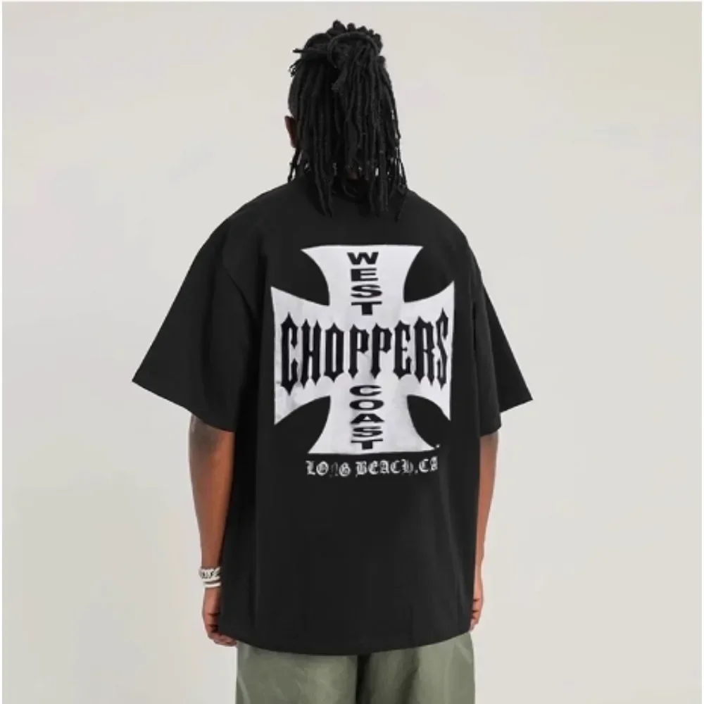 VINTAGE COTTON T-SHIRT WOMEN'S WEST COAST STREET HIP-HOP CLOTHING CHOPPERS OVERSIZED FASHION COTTON SHORT SLEEVES MEN'S CLOTHING