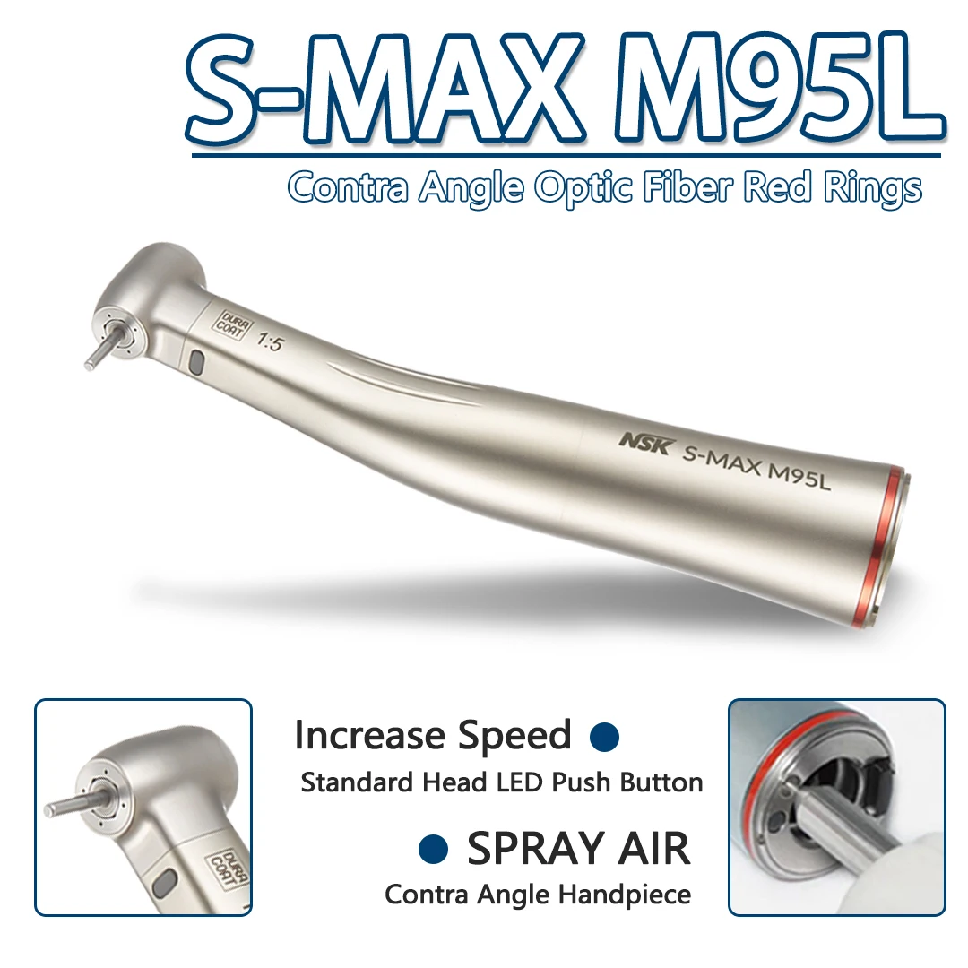 NSK S-MAX M95L contraangulo Spray Air On/Off Switch Dental 1:5 Increasing Speed Handpiece Contra Angle Optic Fiber Red Rings