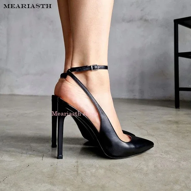 red Ankle Strap Pointed Toe Women Slingback Pumps Black Matte Leather Hollow Stiletto High Heels Sandals 12CM Size 35-4444