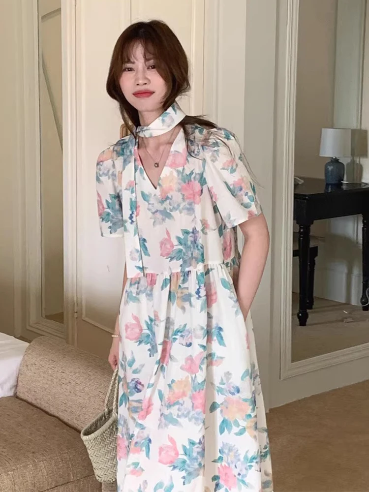 

Clothland Women Sweet Floral Midi Dress V Neck Short Sleeve Sashes One Piece Female Cute Mid Calf Dresses Vestido QD689