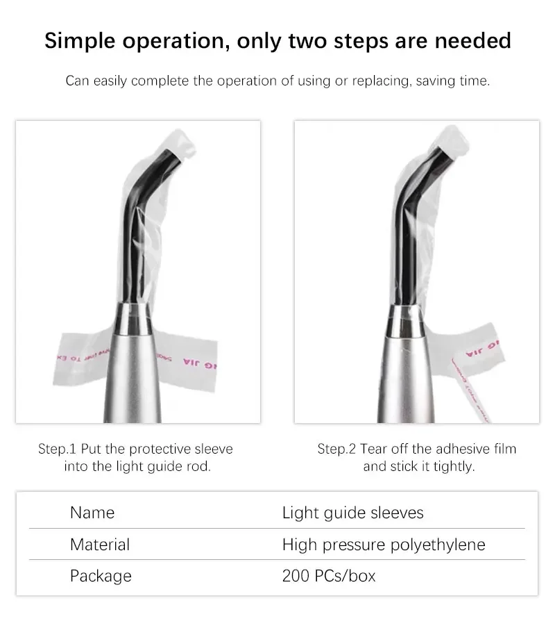 Rękawy ochronne do utwardzania zębów, jednorazowa folia ochronna do materiałów dentystycznych, łatwe w obsłudze, 200 sztuk w pudełku